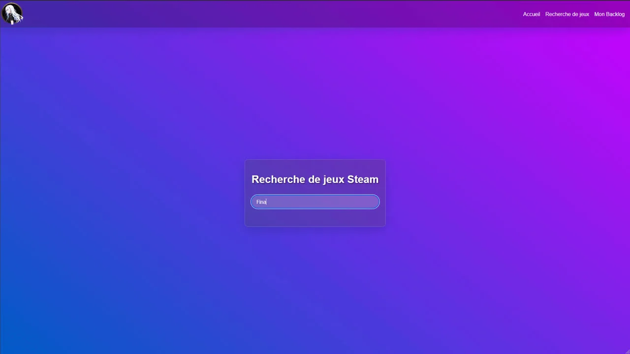 Interface de recherche de jeux Steam