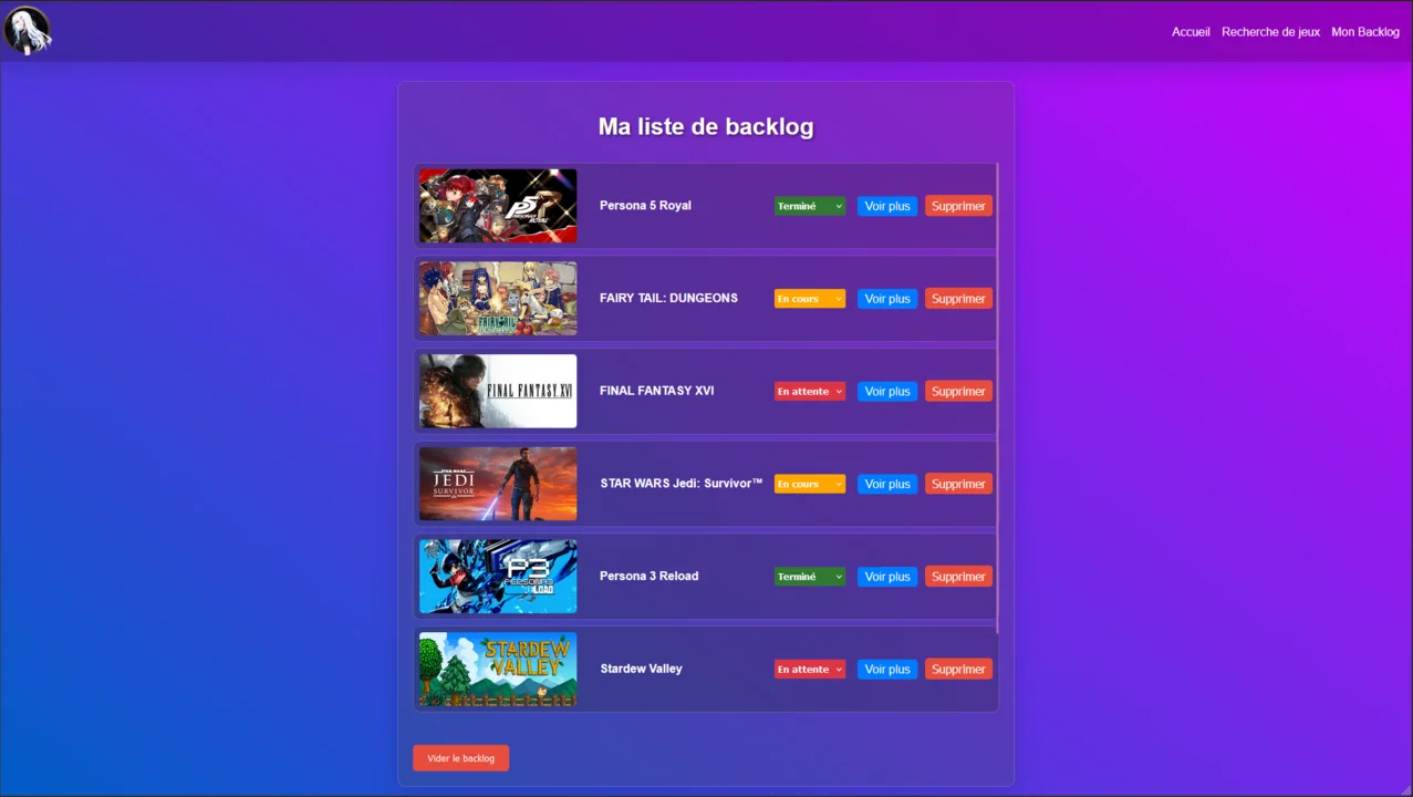 Liste personnelle de jeux dans Backlog Helper